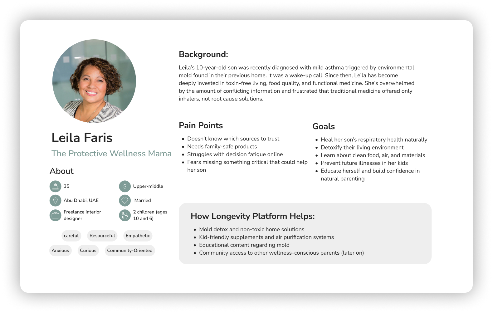 User persona: Leila Faris, the protective wellness parent — demographics, traits, pain points, and goals